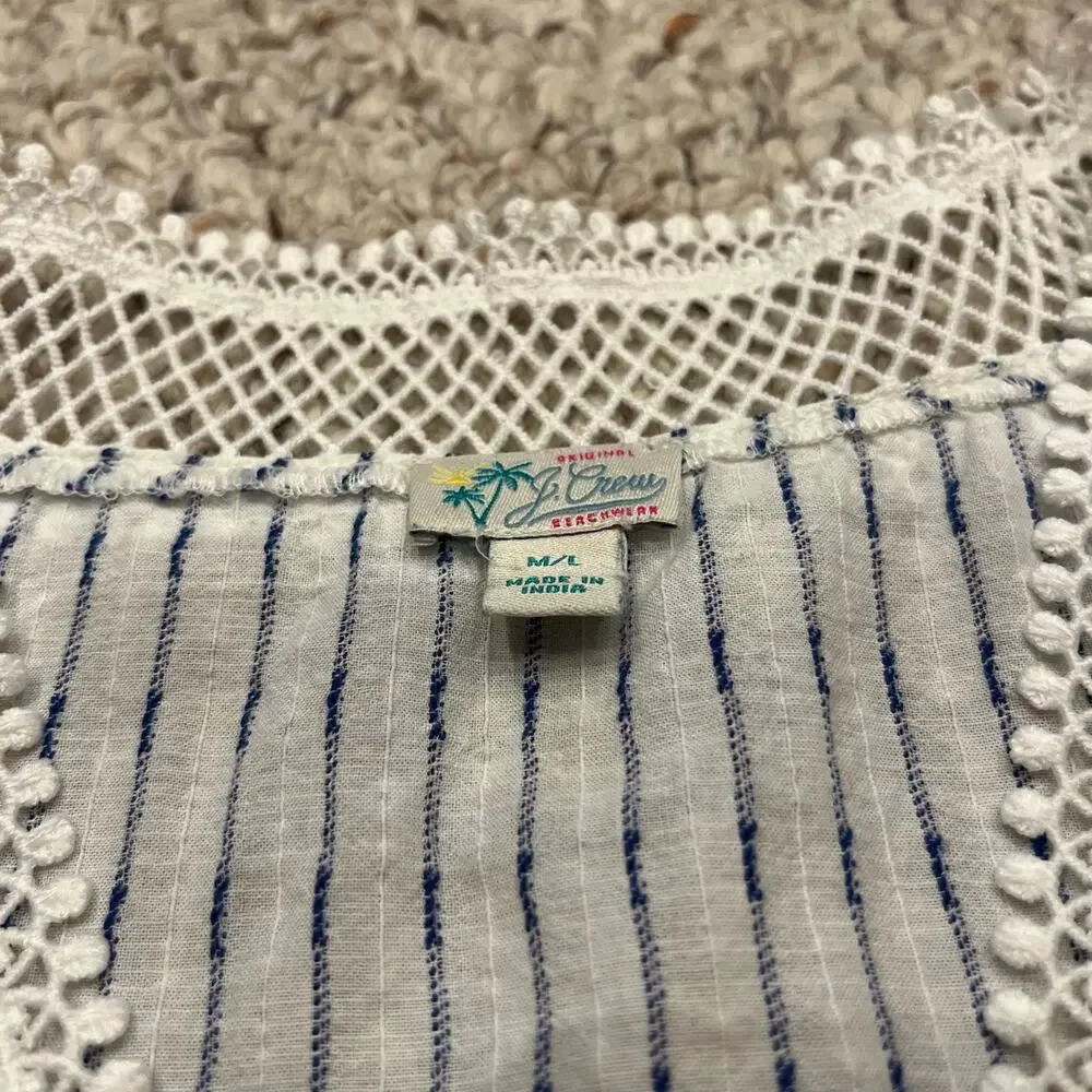 J Crew Tunic Beach Cover Up Lace Stripe M/L Cream Blue Coastal Classic Preppy